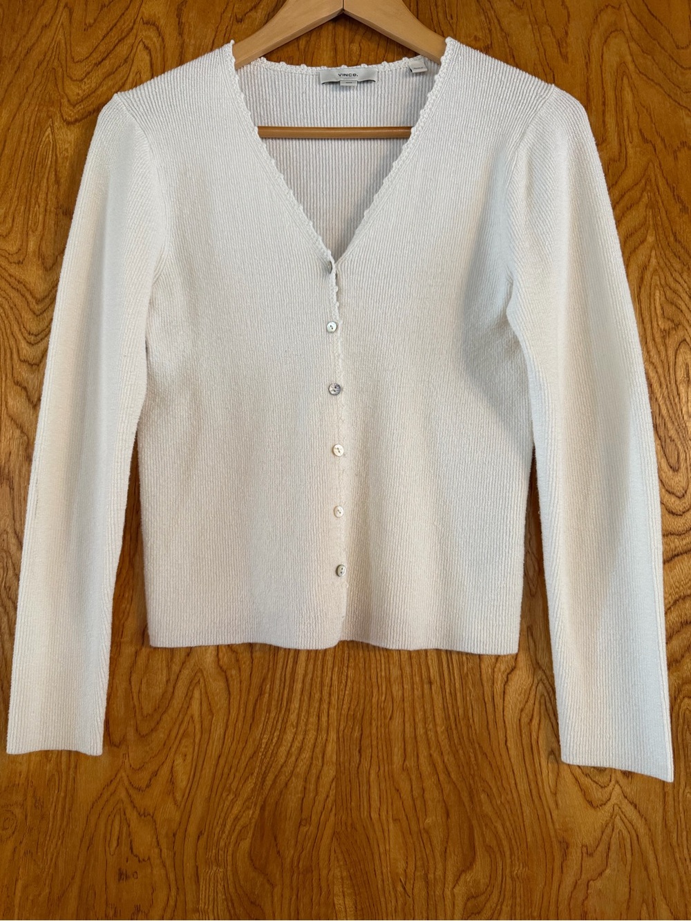 Vince Cream V-Neck Crochet Trim Button Cardigan